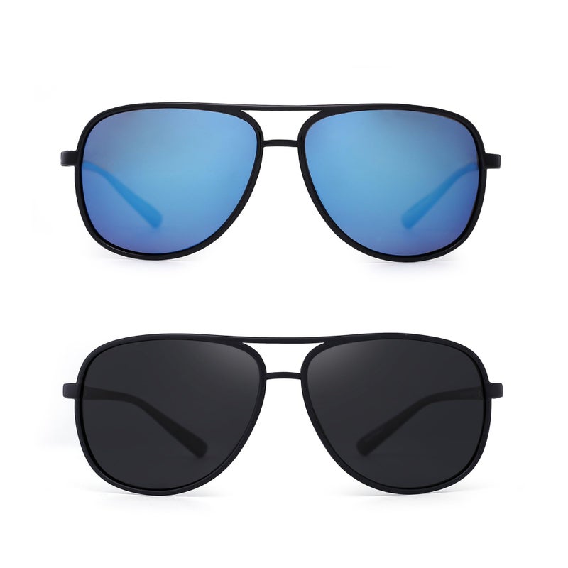 JM Retro Polarized Aviator Sunglasses for Men Women Tangle Free Oversized Plastic Sunglasses UV400 Protection 2 Pack (Blue & Grey) - Image 1